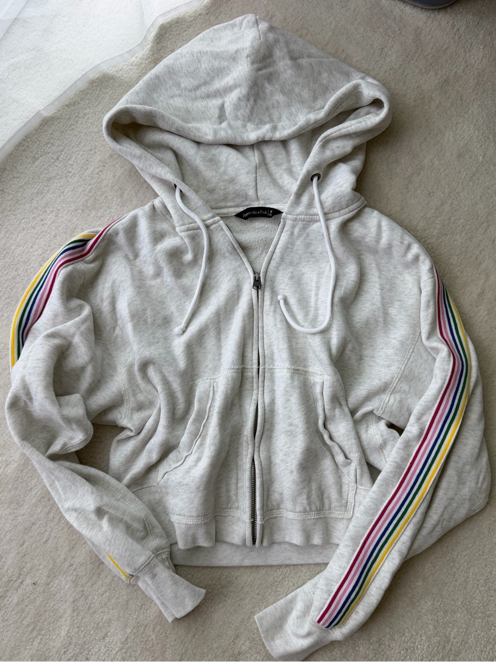 Abercrombie & Fitch Y2K Light Gray Zip-Up Hoodie with Rainbow Sleeve Stripes
